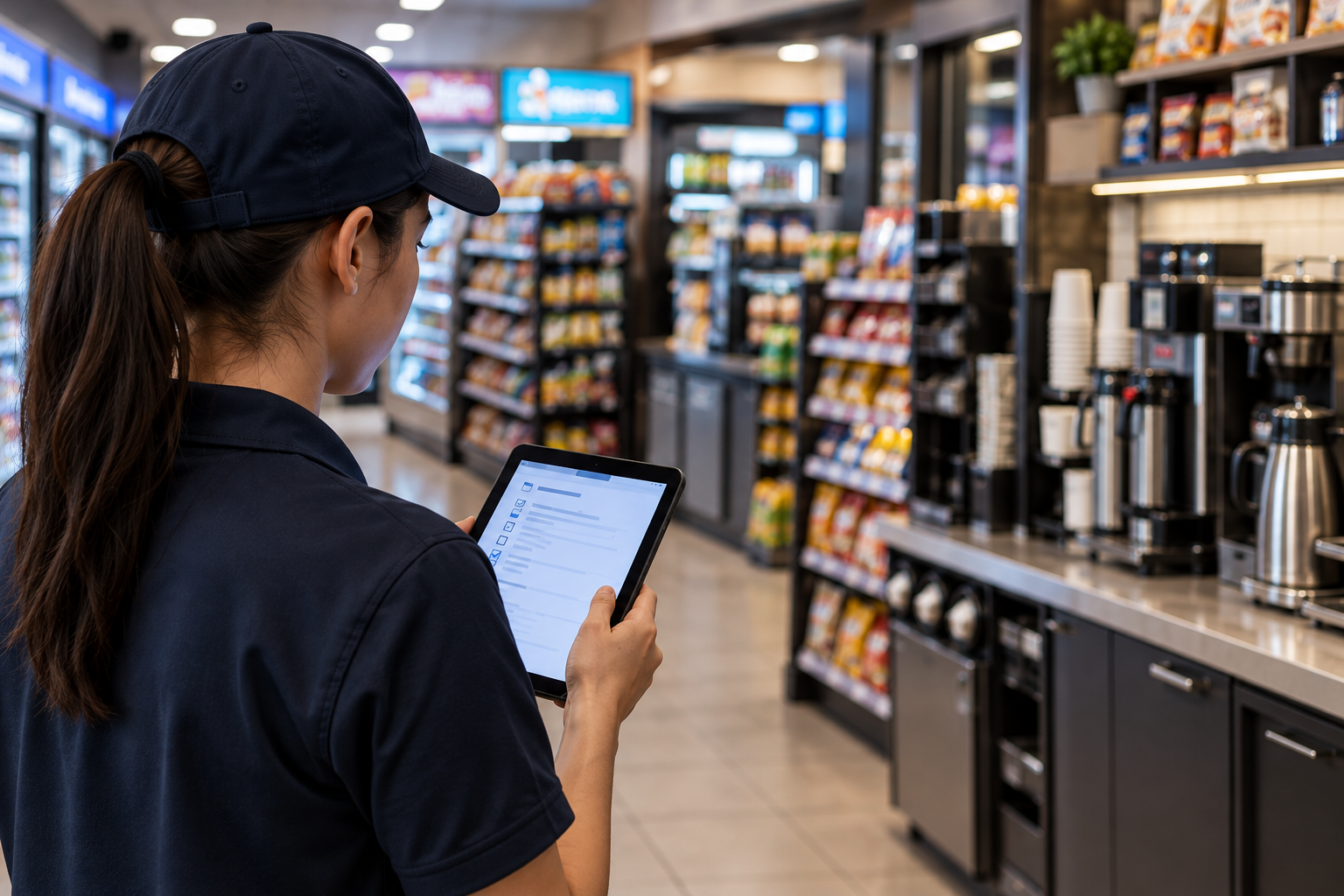 Store team member reviewing an opening procedure on a tablet